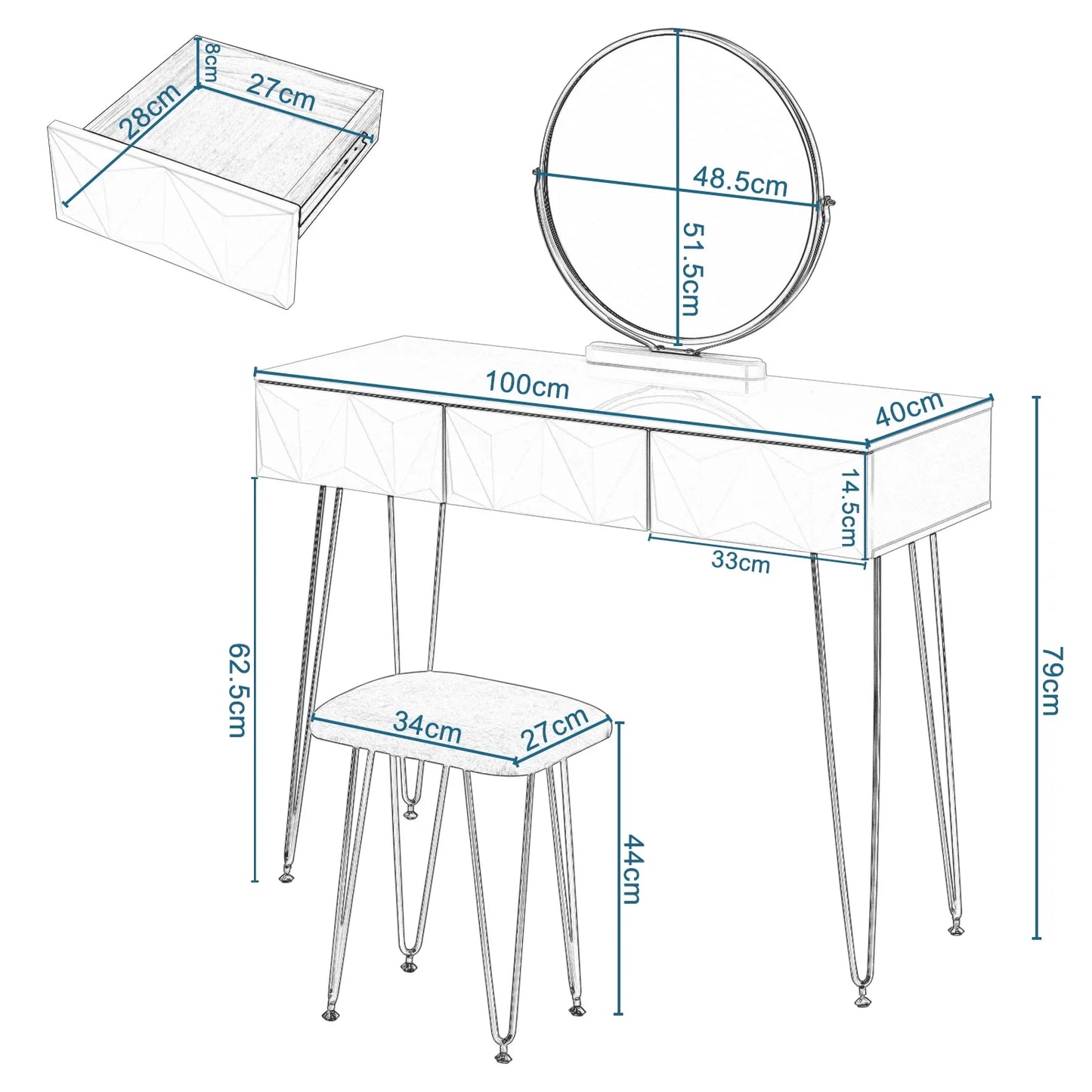 1SET White Gold Dressing Table  with 360° Swivel Mirror 3 Drawers 3D Effect Velvet Stool Cosmetic Makeup dressers for Bedroom