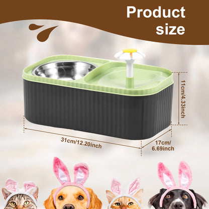 2 in 1 Cat Water Fountain and Food Bowl 3L Automatic Pet Water Fountain with Quadruple Filtration System Stainless Steel Bowl