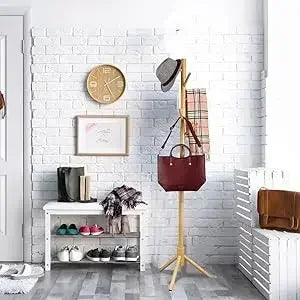 ZOBER Coat Rack Free Standing - Wooden Coat Tree W/ 6 Hooks - Coats, Purses, Hats - Adjustable Sizes, Easy Assembly - Natural