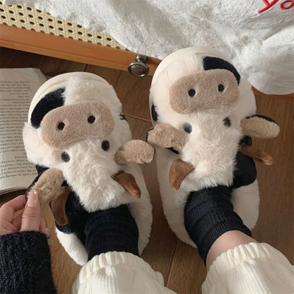 Winter Cow Cotton Slippers Cartoon Warm Plush Slides Shoes Couple's Indoor Non-slip Slides House Men and Women Home Flip Flops