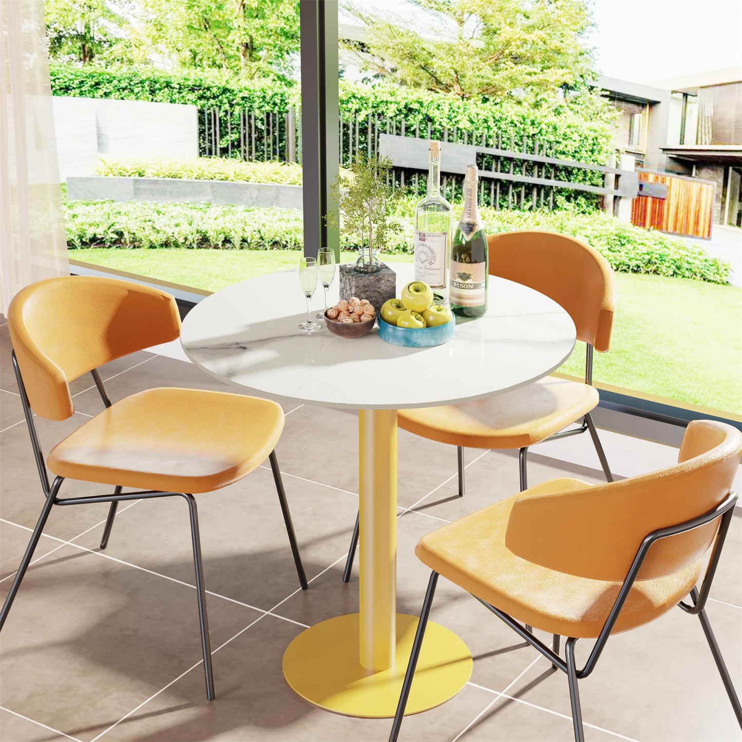 Round Cocktail Table with Metal Base, Cocktail Table, Sintered Stone Top, Kitchen and Dining Counter, 31 in Diameter