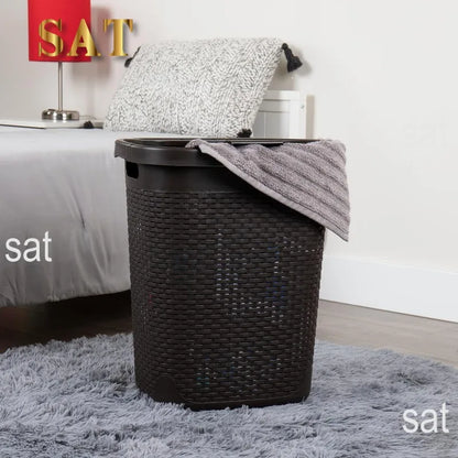 50L Slim Laundry Hamper, Clothes Basket, Lid, Wicker Design, Plastic, 17.65"L x 13.75"W x 21"H