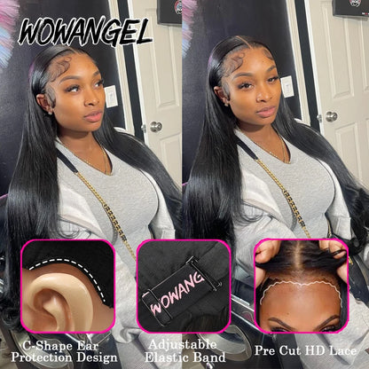 WowAngel 250% Pre Cut Lace 13x6 HD Lace Front Wigs 34in Glueless Straight Human Hair Wigs Pre Plucked Brazilian Hair For Women