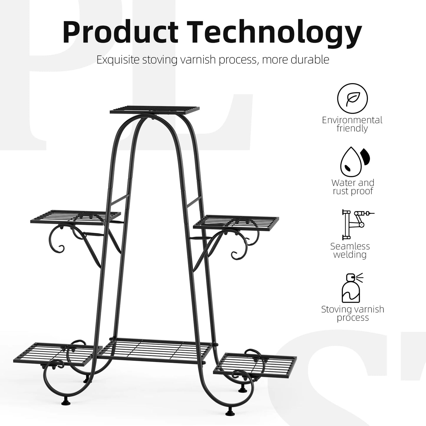 6 Tier Metal Plant Stand, Garden Patio Flower Rack, Step Design, Outdoor, Indoor, Wrought Iron