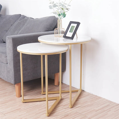 Modern Round Marble Metal Base Nesting Set Side Accent Table Living Room Storage Small End Table, Set of 2, Marble and Gold