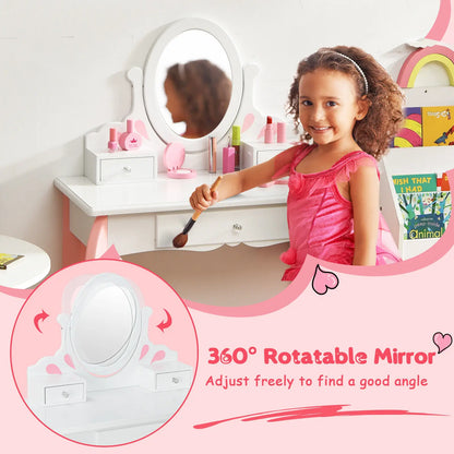 GOFLAME Kids Vanity Table Set with Mirror, 2 in 1 Toddlers Makeup Dressing Table & Stool