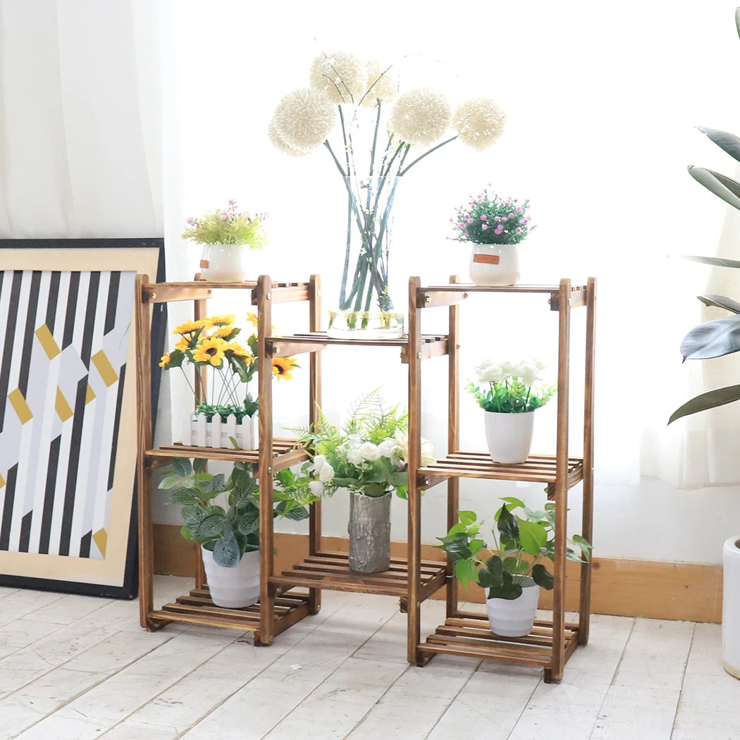 10 Pot Bamboo Plant Stand for In/Outdoor, Bonsai Flower Display, Shelf Holder Rack, Stylish