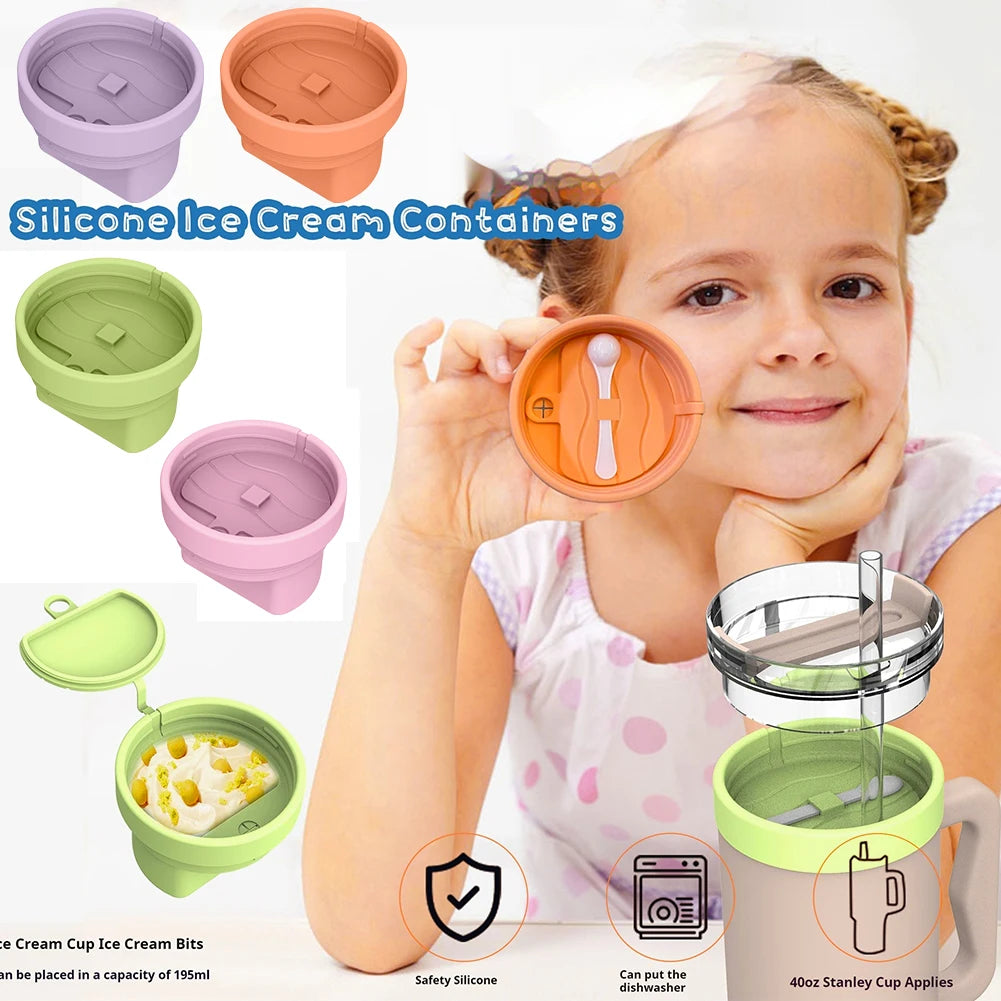 Silicone Ice Cream Cup with Lid & Spoon Ice Cream Container Freezer Storage Container for Stanley 40oz Water Cup Accessories