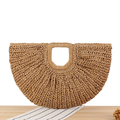 Women Handmade Straw Tote Bag Large Capacity Bohemia Moon Handbag Solid Color Simple Weaving Wrist Bag Summer Beach Bag