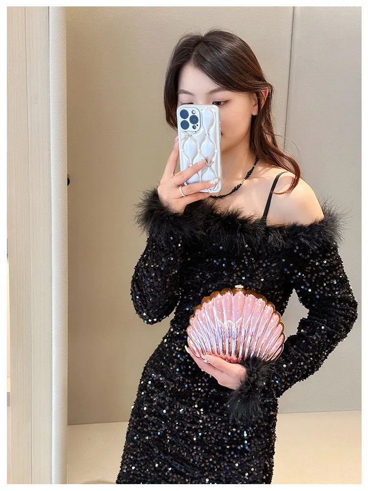 2024 Women Silver Gold Shell Bag Cute Acrylic Evening Clutch Bag With Strap For Wedding Party Small Purses Designer Handbags