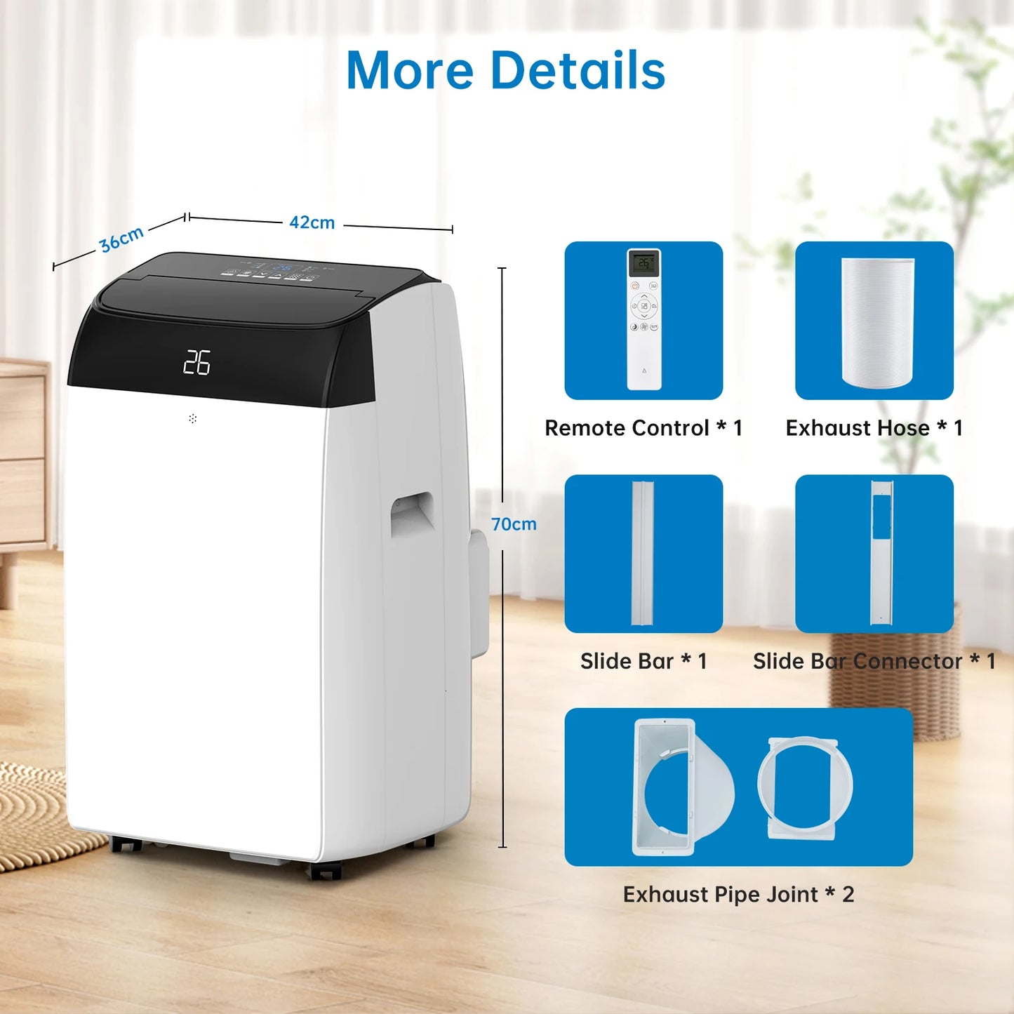 12000Btus 4 In1 Air Conditioner, Portable Air Conditioner, Dehumidifier 45L/Day, Heating, Cooler, Fan with 3 Speeds, For Home