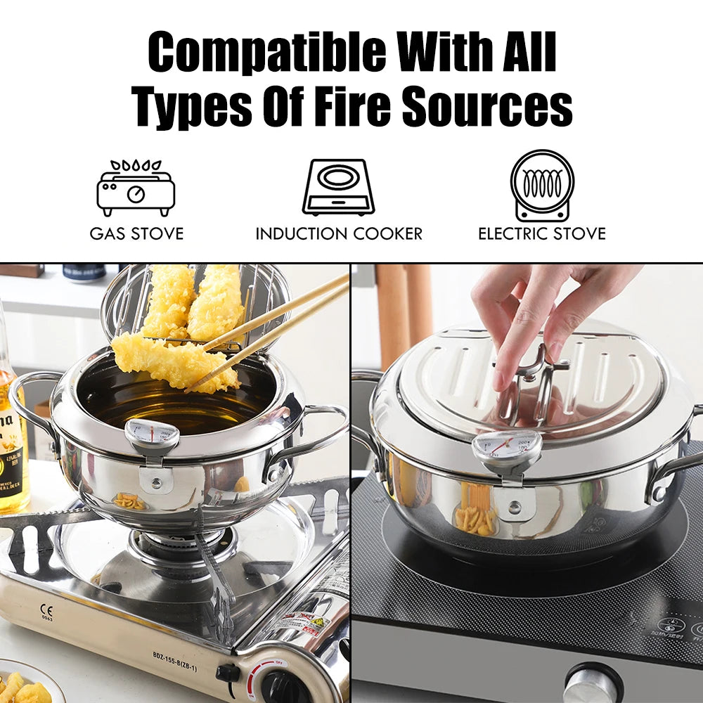 20 cm Cooking Tool 304 Stainless Steel 2 Handles 2.2L With Thermometer and Lid Tempura Fryer Pan Deep Frying Pot