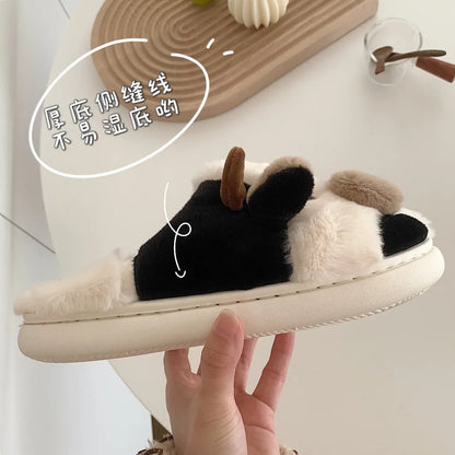 Winter Cow Cotton Slippers Cartoon Warm Plush Slides Shoes Couple's Indoor Non-slip Slides House Men and Women Home Flip Flops