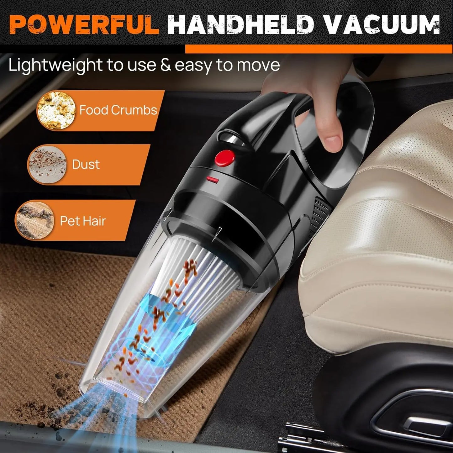 VickyHome Portable Hoover for Car, Wireless Handheld Car Vacuum Cleaner Strong Suction 8000PA, 65W 2000mAh Battery Handheld Cord