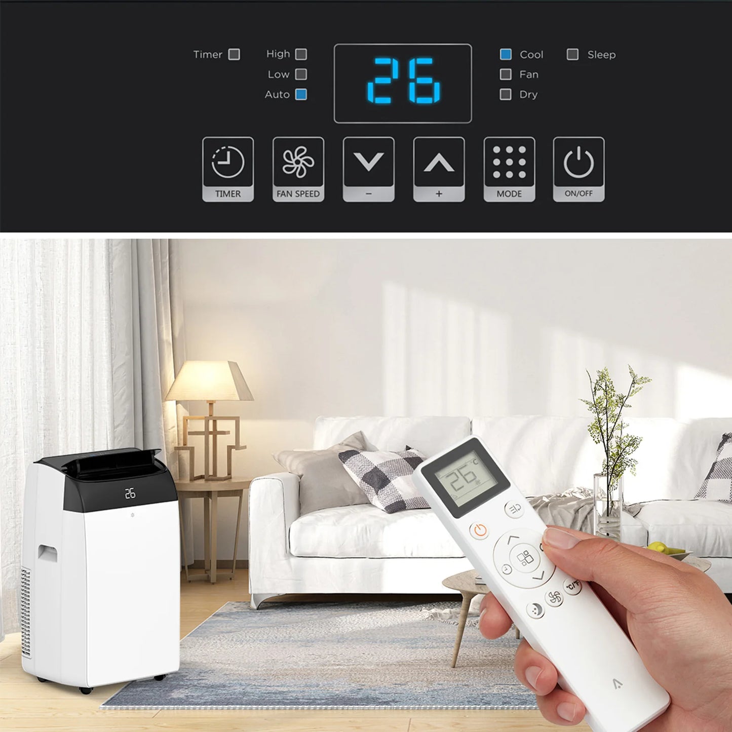 10000Btus 3 In1 Air Conditioner, Dehumidifier 30L/Day, Cooler, Fan with 3 Speeds, Remote Control Portable Air Conditioner