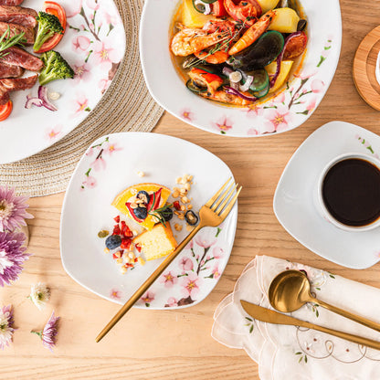 VEWEET 30/60-Piece White Ceramic Pink Floral Porcelain Plate Set with 5PCSDinner Soup Dessert Plate ,Cups Saucers for 12 Person