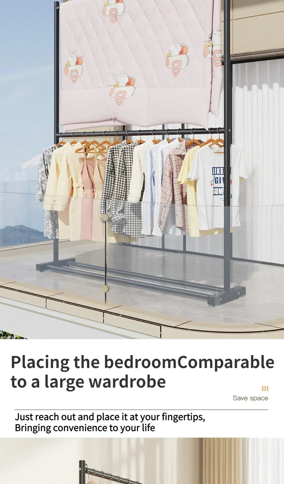 Simple Rolling Clothes Rack Double Layers Floor Standing Coat Hanger Stand Large Assembled Wardrobe Shoe Shelves Home Furniture