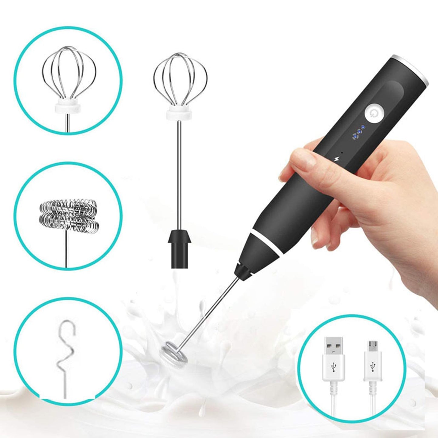 Portable Milk Frother Egg Beater USB C Rechargeable 2 Speeds with 3 Mixing Heads Whisk mixer Blender for Egg Latte Matcha