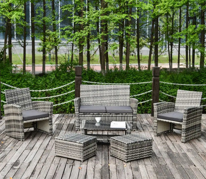 6 Pieces Garden Outdoor Patio Rattan Furniture Set, 6 Seater Sofa Set with Coffee Table & Footstools, Grey Rattan with Cushion