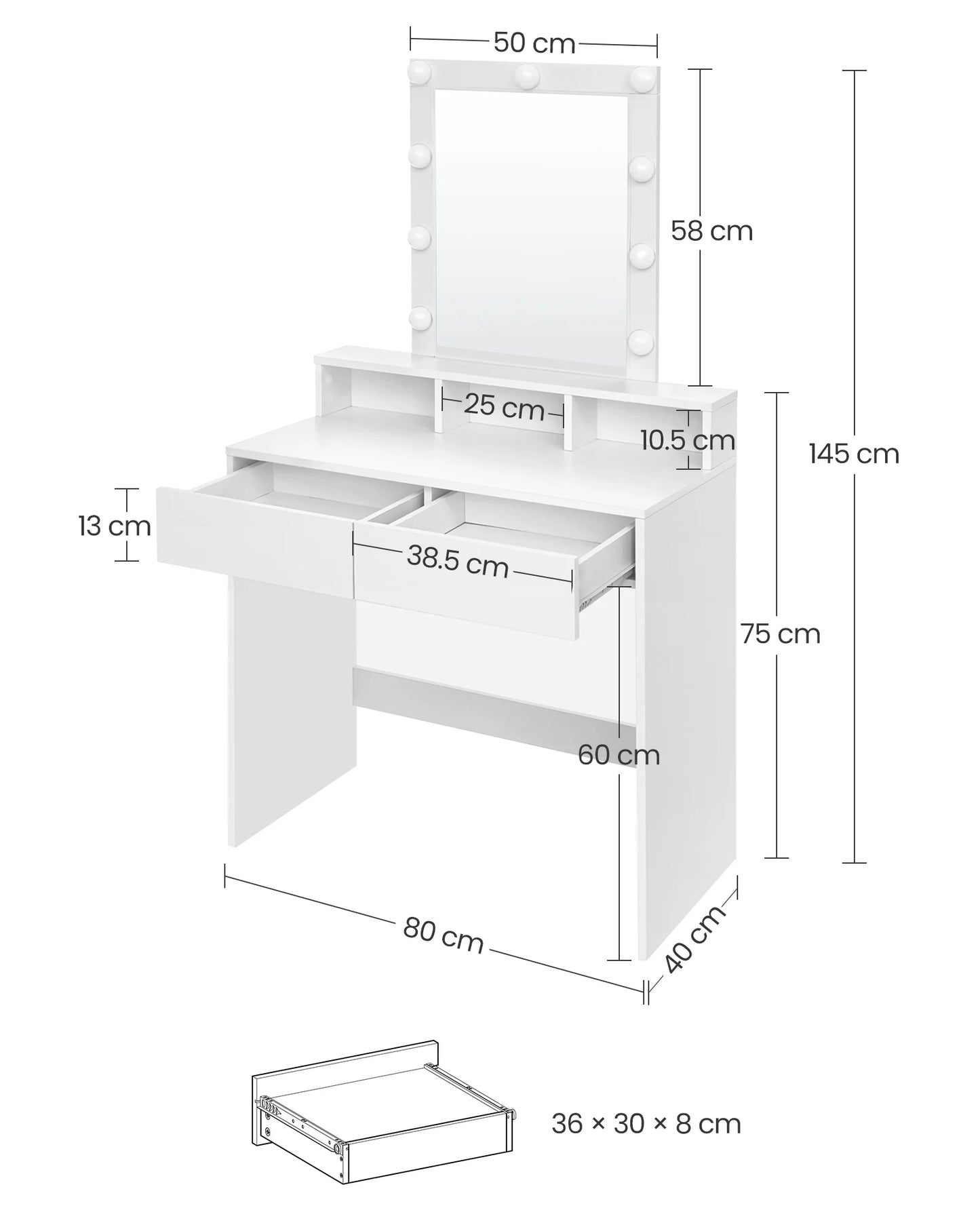 VASAGLE Dressing Table, LED Lights with Adjustable Brightness, Vanity Table with Mirror, 2 Drawers and 3 Compartments