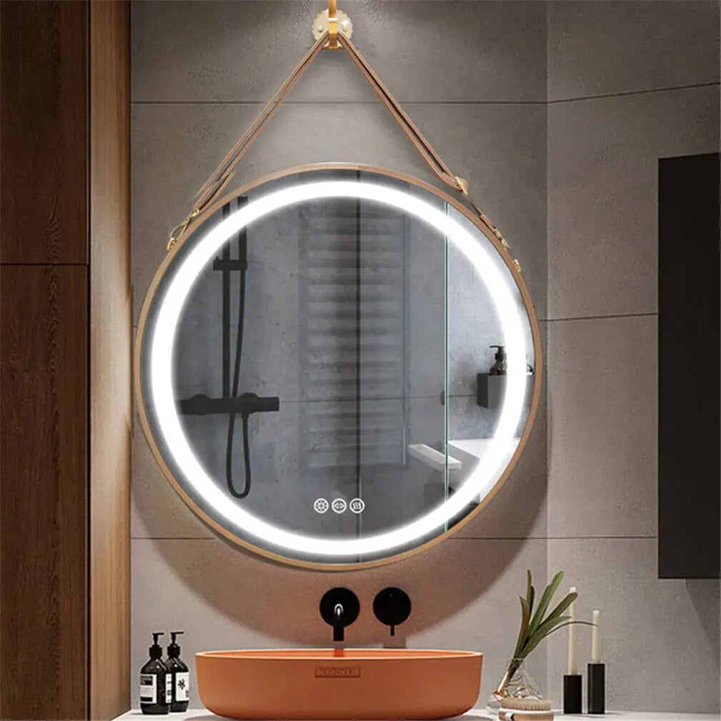 Round LED Illuminated Bathroom Mirror Hanging Wall Vanity Mirror Demister Dimmable Aluminum Fram HD Glass