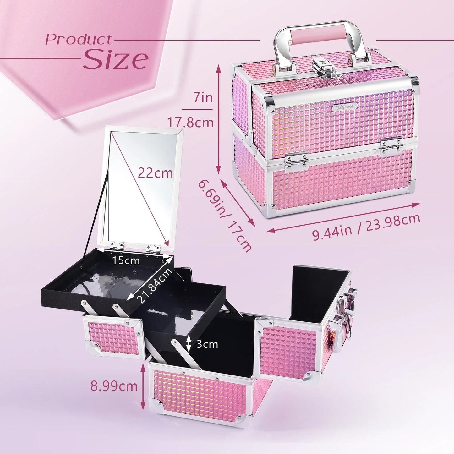 Portable Makeup Case with Mirror 2 Trays Lock Alloy Make-up Suitcase Travel Cosmetic Jewelry Nails Storage Box for Manicure Tech