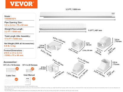 VEVOR Mini Split Line Set Cover PVC Decorative Pipe Line Cover For Air Conditioner Easy to Install Paintable for Heat Pump White