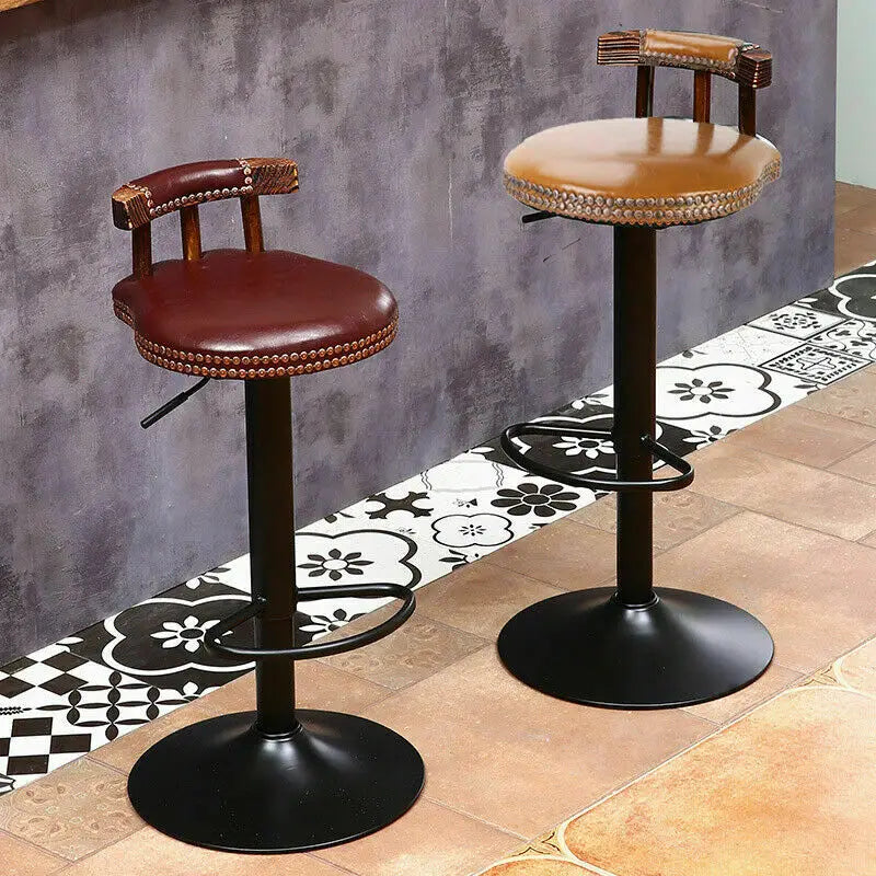 2X Industrial Leather Bar Stools 360° Swivel Adjustable Kitchen Breakfast Pub Chairs Vintage Wood Backrest