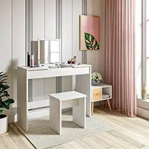 1SET White Dressing Table with Makeup Mirror Stool Vanity High Gloss Table Top Cosmetic Dresser Set for Gilrs Women Bedroom