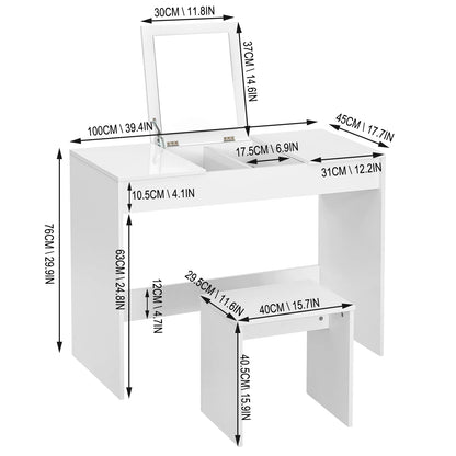 1SET White Dressing Table with Makeup Mirror Stool Vanity High Gloss Table Top Cosmetic Dresser Set for Gilrs Women Bedroom