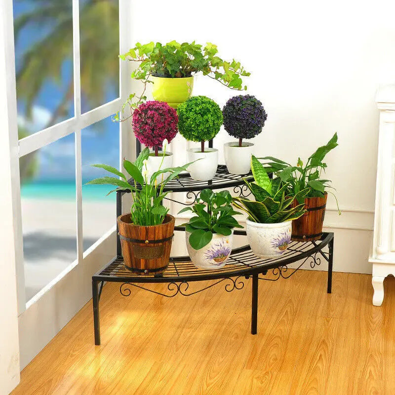 Outdoor Indoor Pot Plant Stand Garden Metal 3 Tier Quarter Round Planter Corner Shelf Display Holder