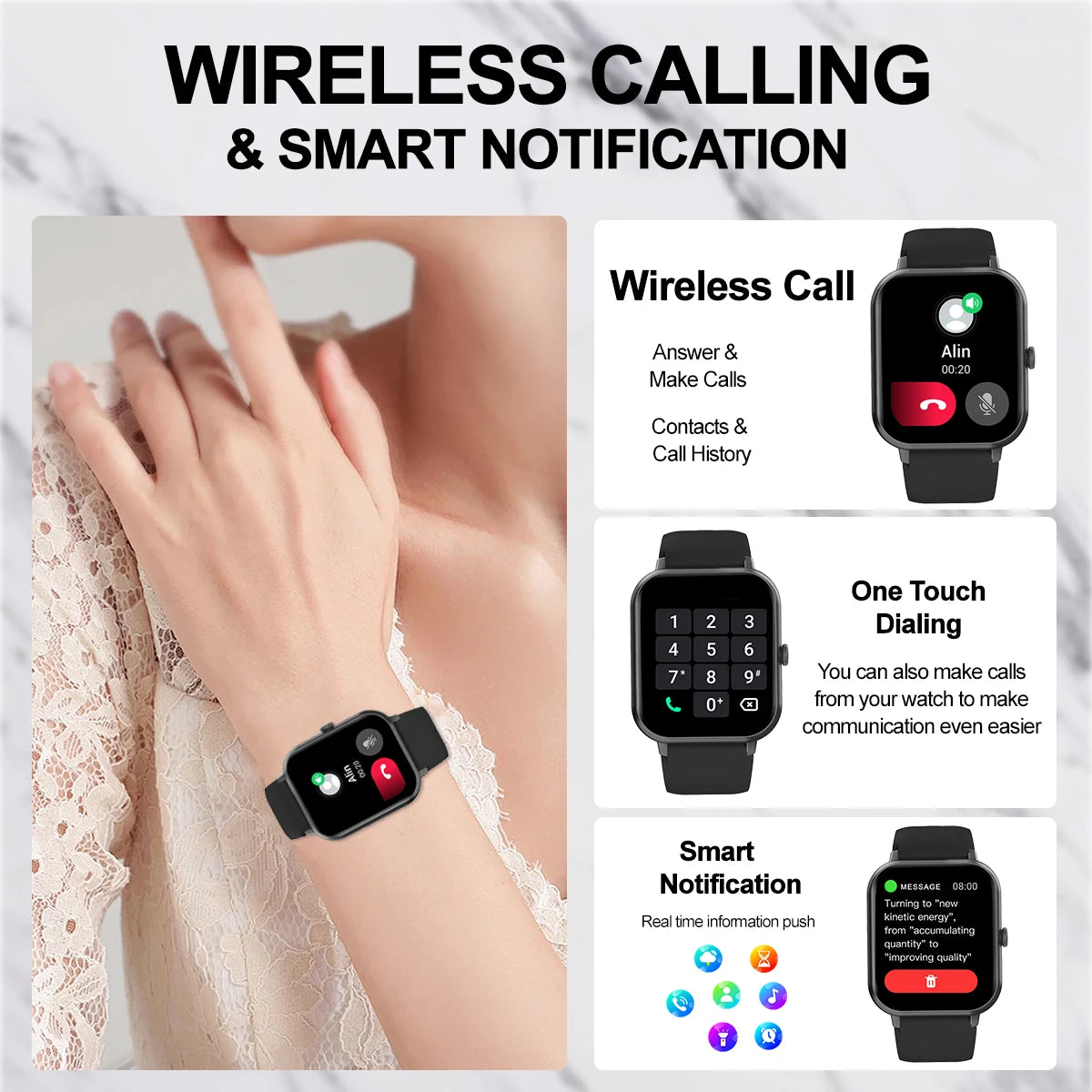 Smart watch, wireless calls/wireless music,message reminders,custom watch face wallpaper, suitable for Android and iPhone phones