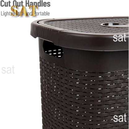 50L Slim Laundry Hamper, Clothes Basket, Lid, Wicker Design, Plastic, 17.65"L x 13.75"W x 21"H