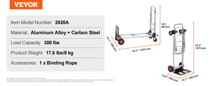 VEVOR Aluminum Folding Hand Truck Heavy Duty Industrial Collapsible Dolly Cart for Transport and Moving in Warehouse Supermarket