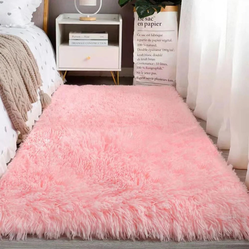 VIKAMA Pink long haired carpet, modern minimalist solid color yoga mat, washable rectangular living room, bedroom bed blanket