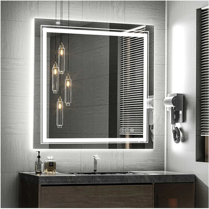 Smart Dimmable LED Bathroom Mirror, Large Square Anti-Fog Vanity Make-up Mirror, Dual Light, Demister Touch Switch, 32 ", 36"