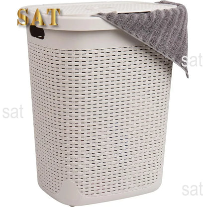 50L Slim Laundry Hamper, Clothes Basket, Lid, Wicker Design, Plastic, 17.65"L x 13.75"W x 21"H