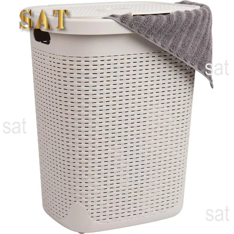 50L Slim Laundry Hamper, Clothes Basket, Lid, Wicker Design, Plastic, 17.65"L x 13.75"W x 21"H