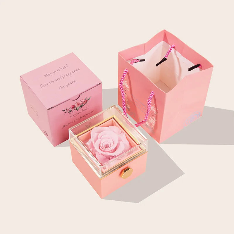 Rotating Jewelry Box with Engraved name Necklace Forever Flower Preserved Rose Box Mother's Day Birthday for Mom Wife Girlfriend