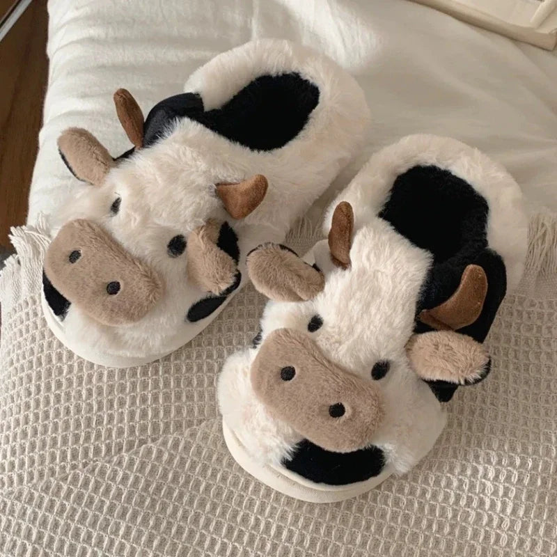 Winter Cow Cotton Slippers Cartoon Warm Plush Slides Shoes Couple's Indoor Non-slip Slides House Men and Women Home Flip Flops