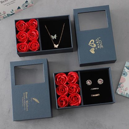 Roses Flower Jewelry Box Six Window Gift Box Ring Earrings Pendant Jewelry Box Jewelry Organizer Valentines Day Decoration