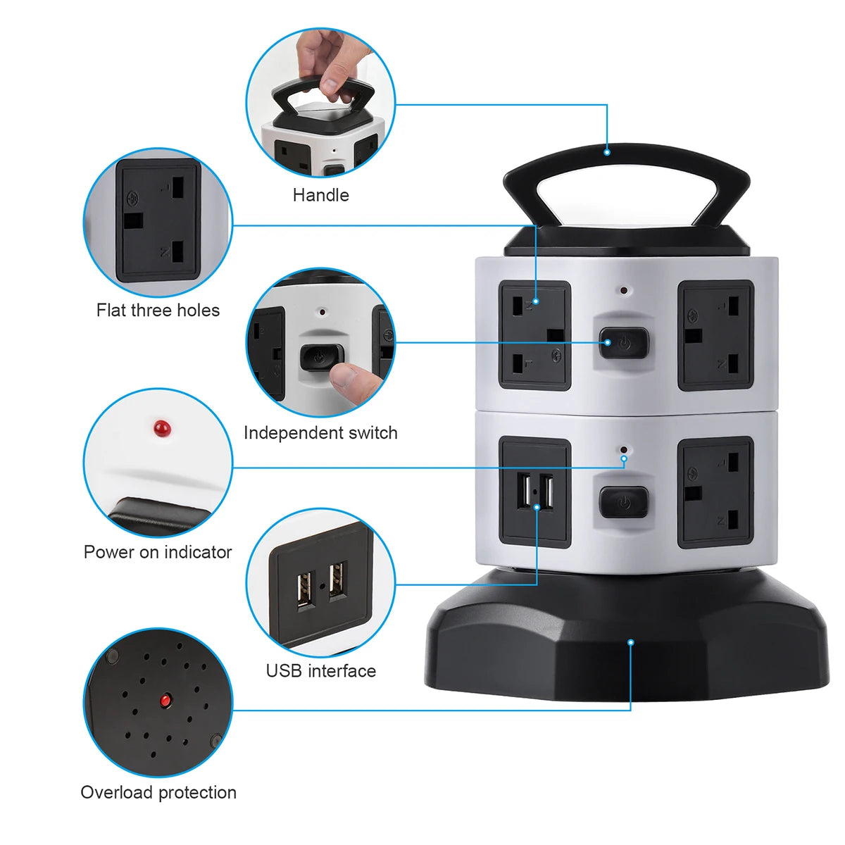 Vertical Power Strip 7/11/15 Ways Tower Socket Surge Protector UK Plug Multi Outlets with 2 USB 2m Extension Cable Home Office