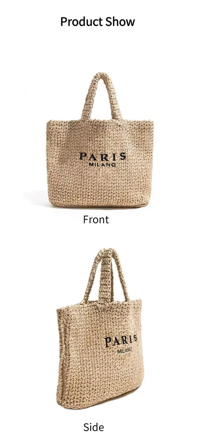 Women's Fashion Large Capacity Handmade Straw Knitting Tote Bag Summer Travel Beach Shoulder Bags Casual Simple Portable Handbag