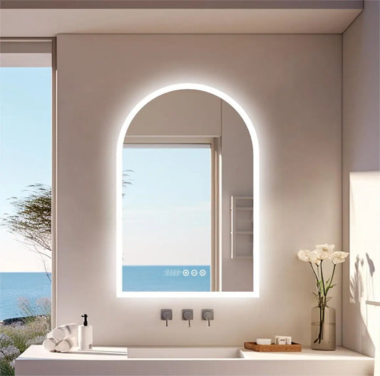 60x90CM Vertical Arch-Shape LED Bathroom Mirror Backlit Frameless Lighted Antifog Mirror Time Temperature Display