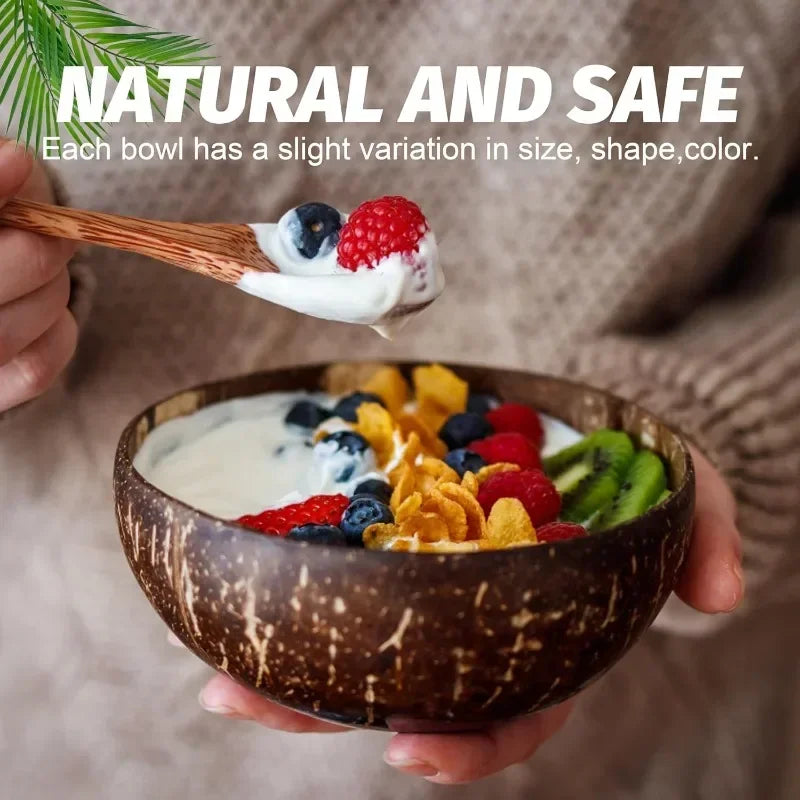 5/1PCS Natural Coconut Bowls Reusable Wooden Tableware with Spoon Dessert Fruit Salad Yogurt Coconut Bowl Home Kitchen Supplies