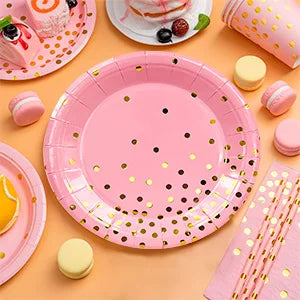 Pink and Gold Party Supplies 193 pcs/Serves 24 Pink and Gold Birthday Dinnerware Set- Pink and Gold Birthday Plates Cups etc