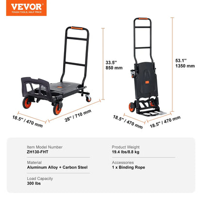 VEVOR Aluminum Folding Hand Truck Heavy Duty Industrial Collapsible Dolly Cart for Transport and Moving in Warehouse Supermarket