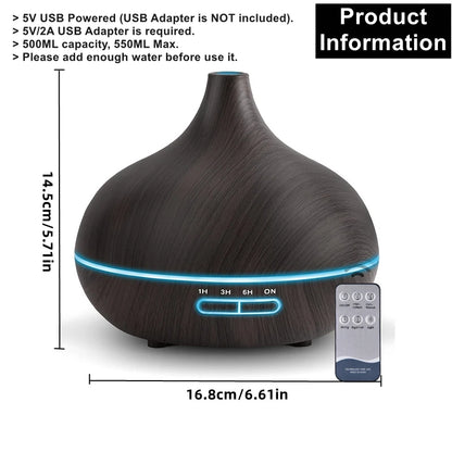 550ml Wood Color USB Aroma Diffuser, Essential Oil Diffuser with 7 Color LED Lights & Remote Control, USB Powered Air Humidifier