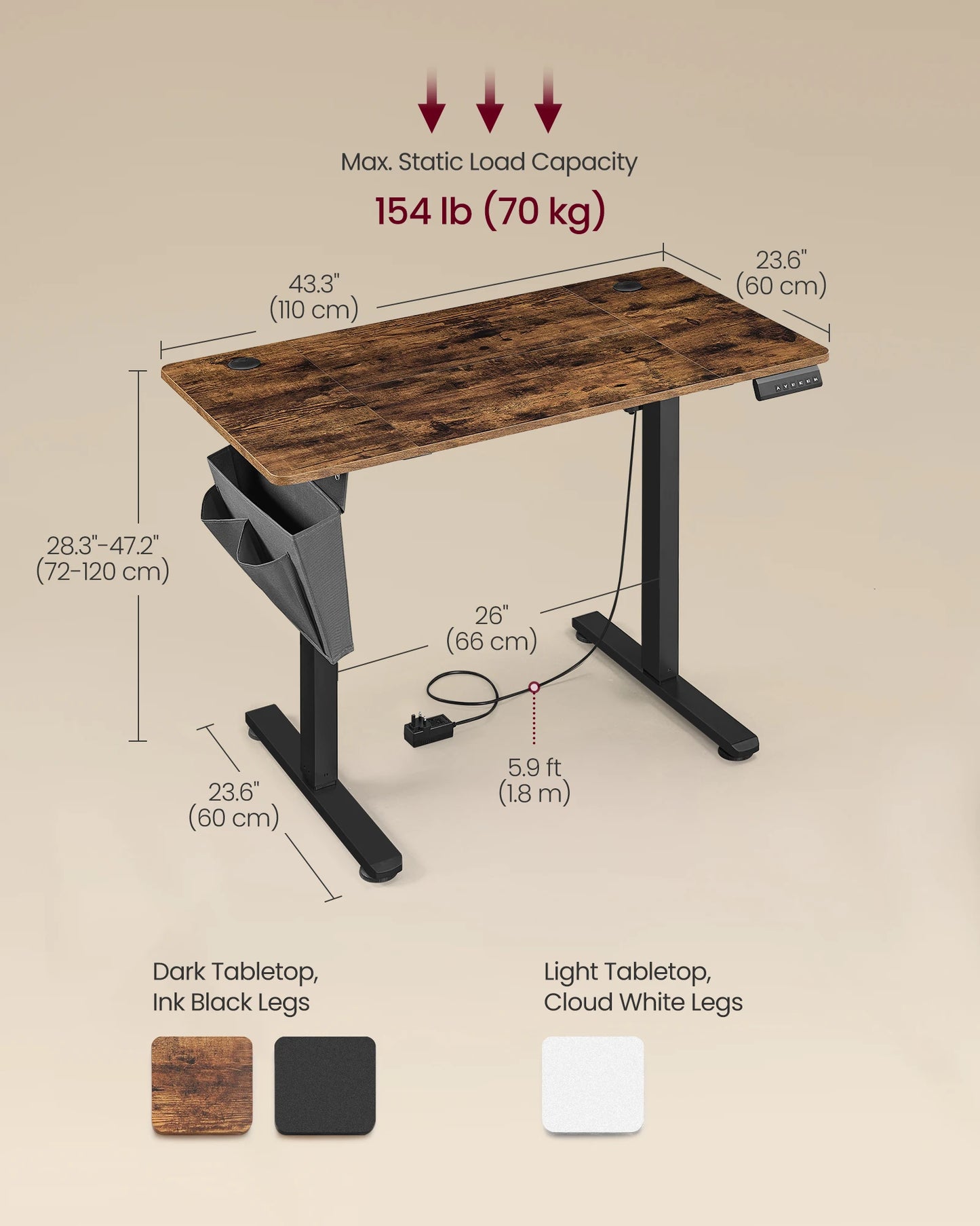 VASAGLE Electric Standing Desk, Height Adjustable Desk, 60 x 110 x (72-120) cm, 4 Memory Heights, Storage Pocket