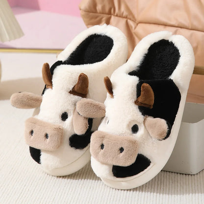 2024 Winter Warm Milk Cow Women Slippers Men Cute Soft Plush Sandals Adults Lovely Non-slip Flip Flops Couples Home Flat Slides